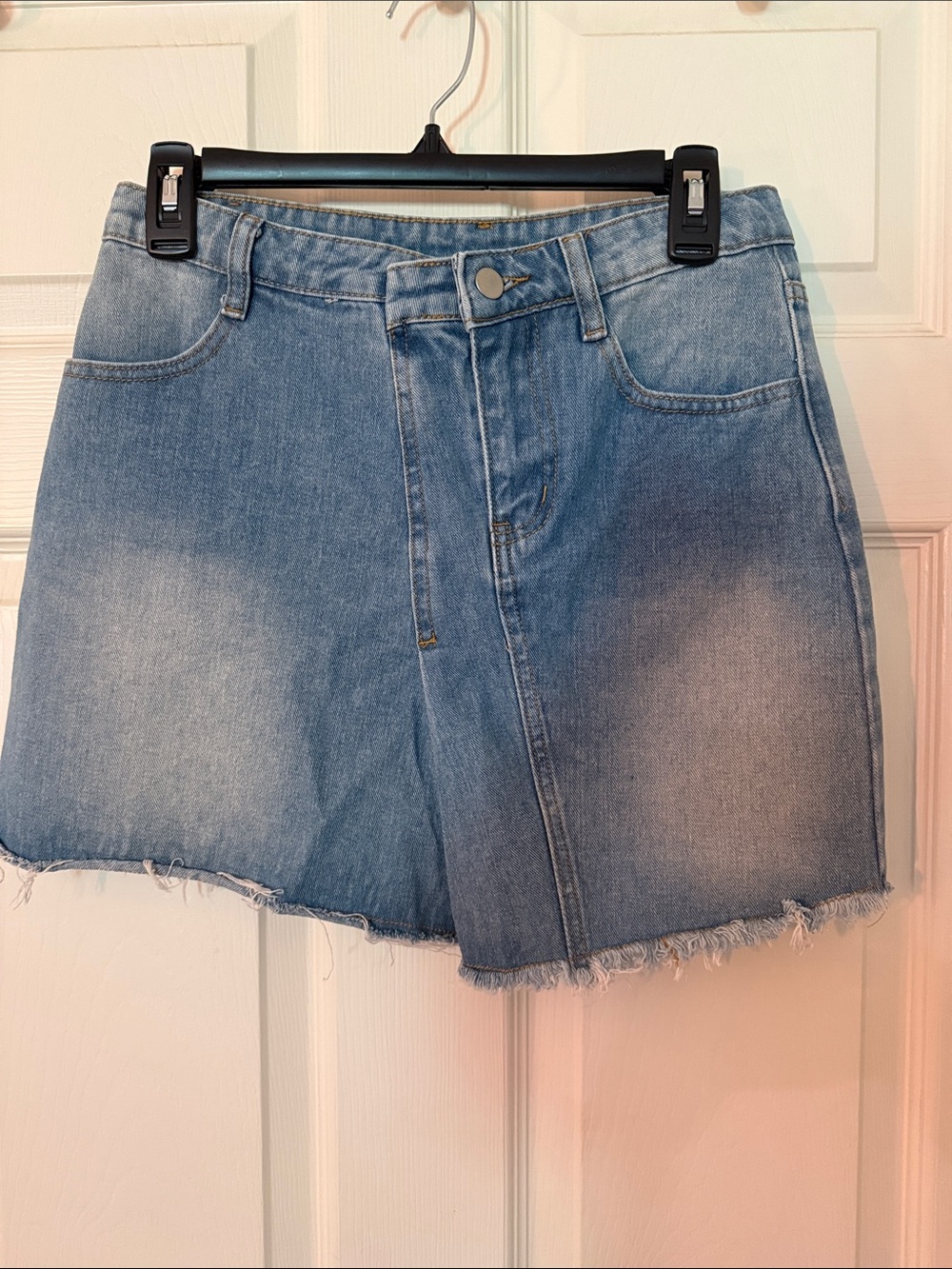 Hayden Light Blue Denim Mini Skirt with Frayed Hem